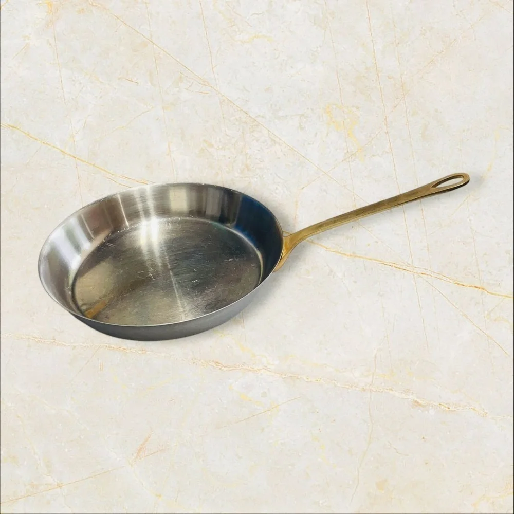 VTG Frying Pan 11” Stainless Steel Brass Handle Heavy - Great!